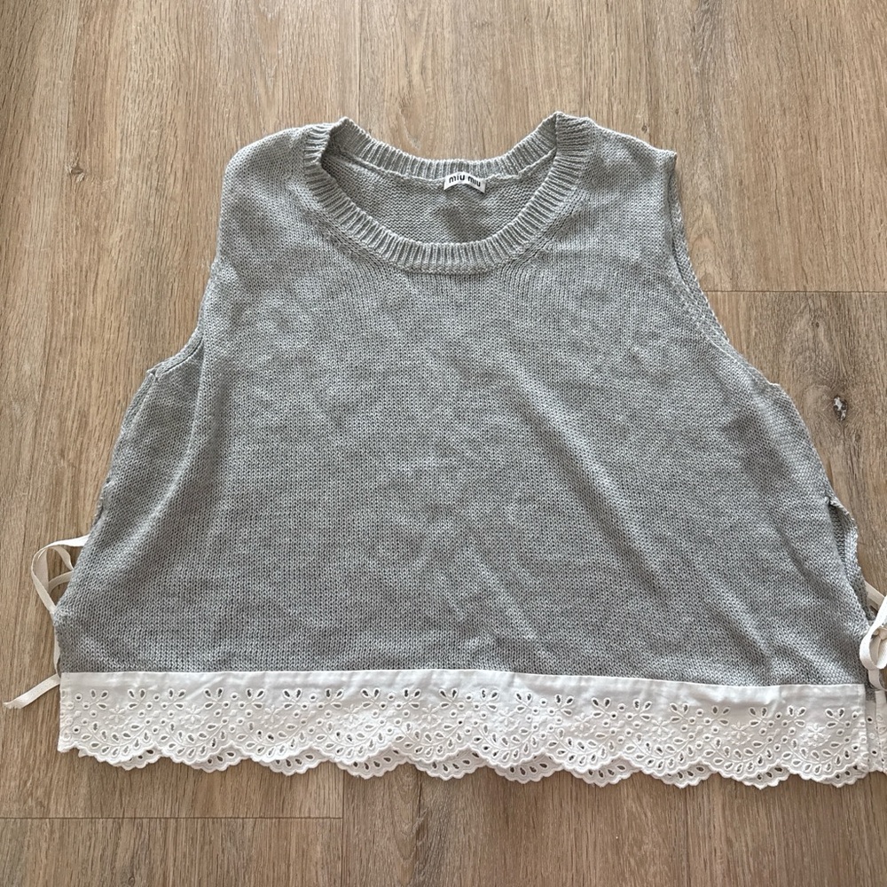 Miu Miu Vintage Light Gray Knit Tank with White Eyelet Hem & Tie Sides XS/S